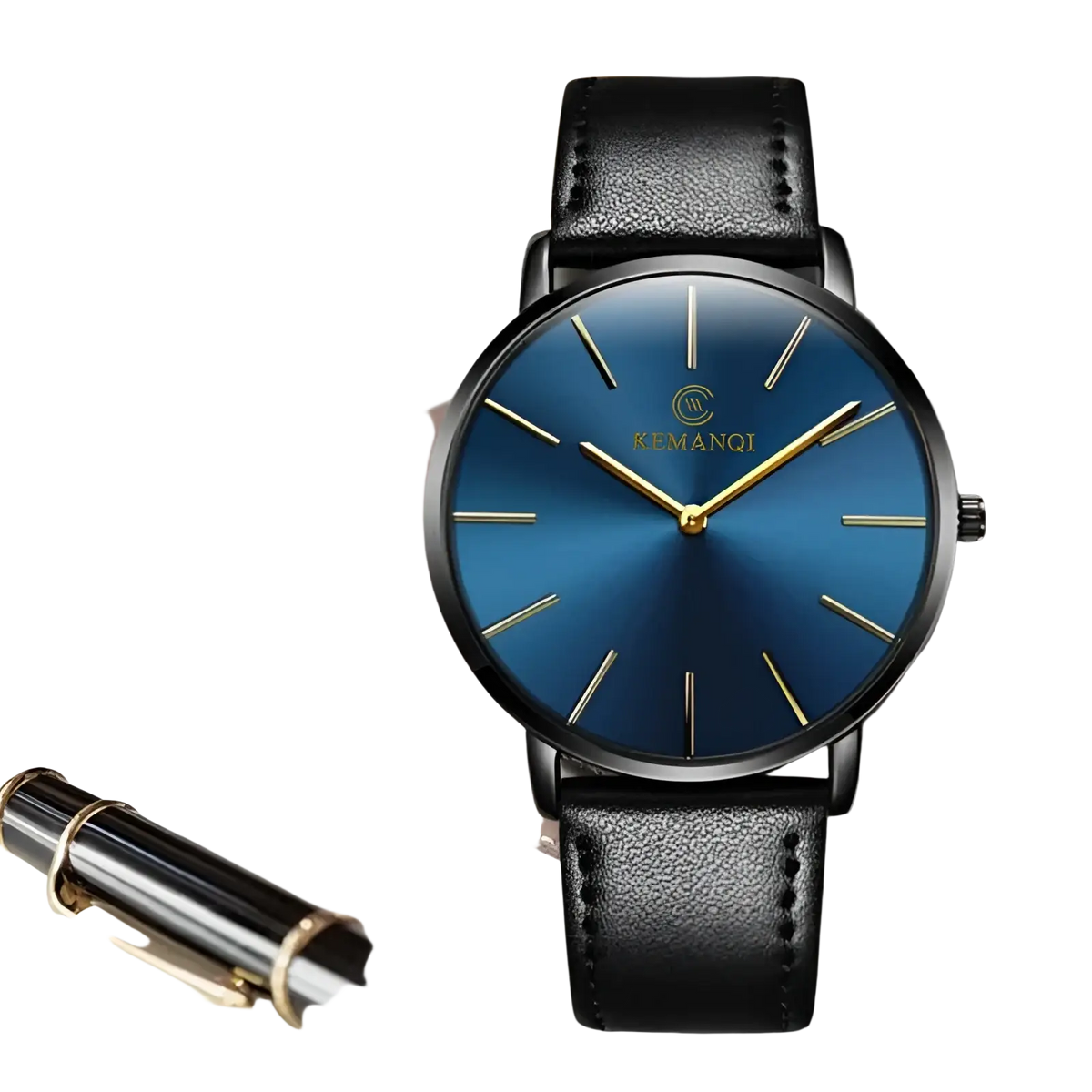 A sleek kemanqi ultra thin gold mens leather quartz watch with a vibrant blue dial and black leather strap