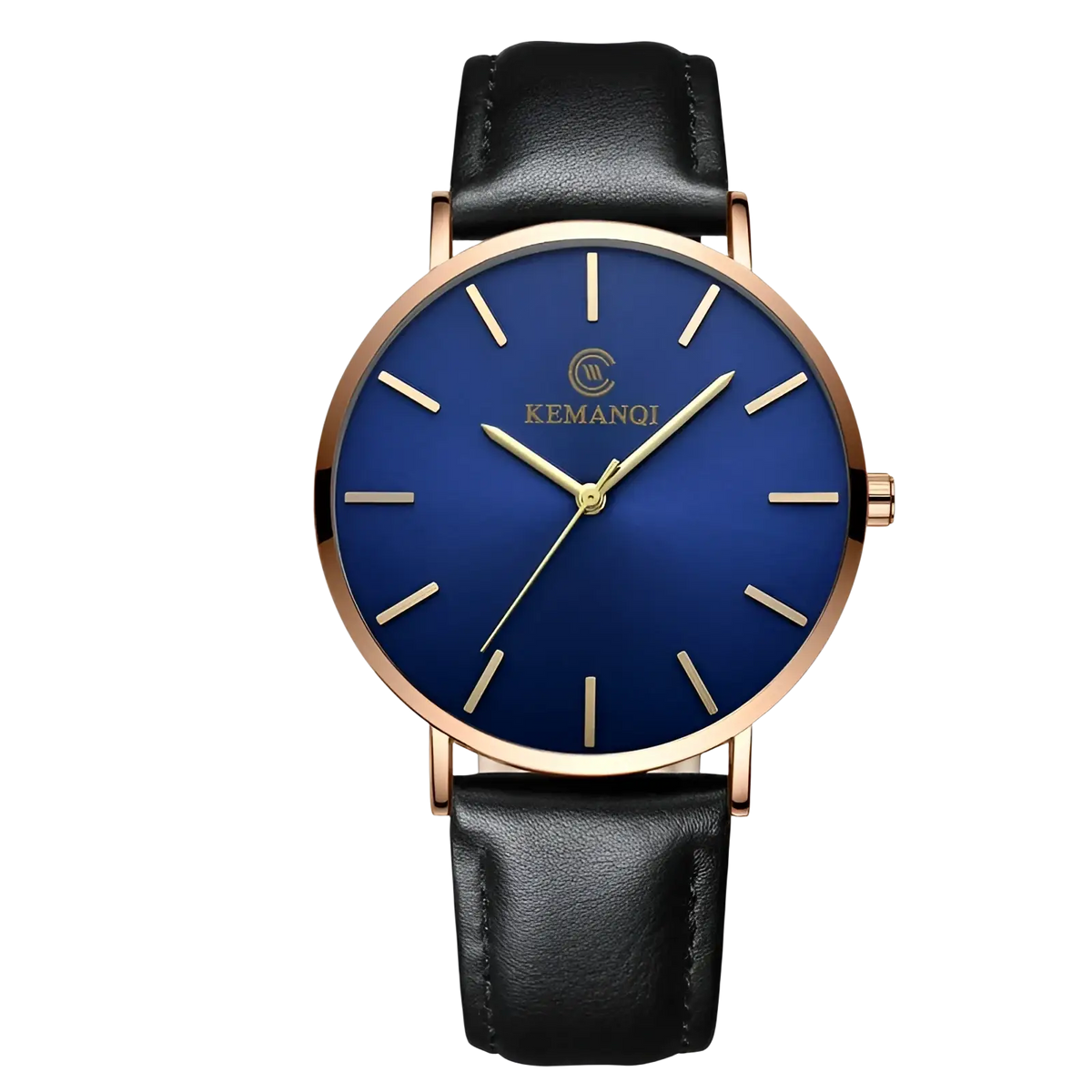 A kemanqi ultra thin gold mens leather quartz watch with a deep blue dial rose gold case and black leather strap