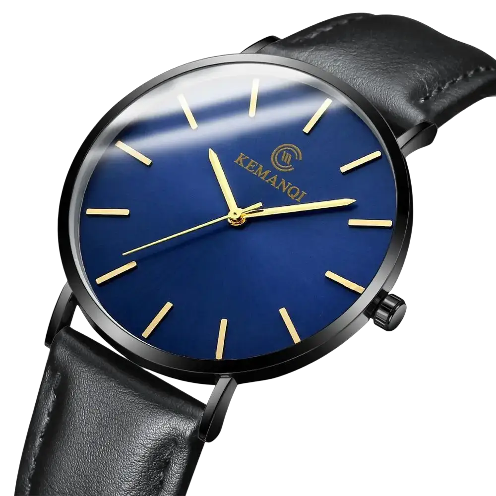 A sleek kemanqi ultra thin gold mens leather quartz watch with a deep blue dial and black leather strap