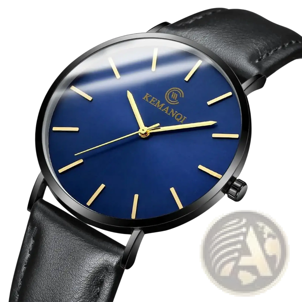 A sleek kemanqi ultra thin gold mens leather quartz watch with a deep blue dial and black leather strap