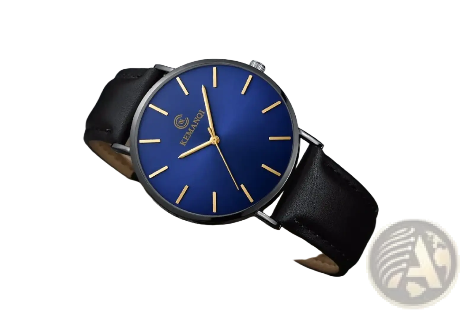 Ultra thin gold mens leather quartz watch with a vibrant blue dial gold hands in a polished black case and black leather strap