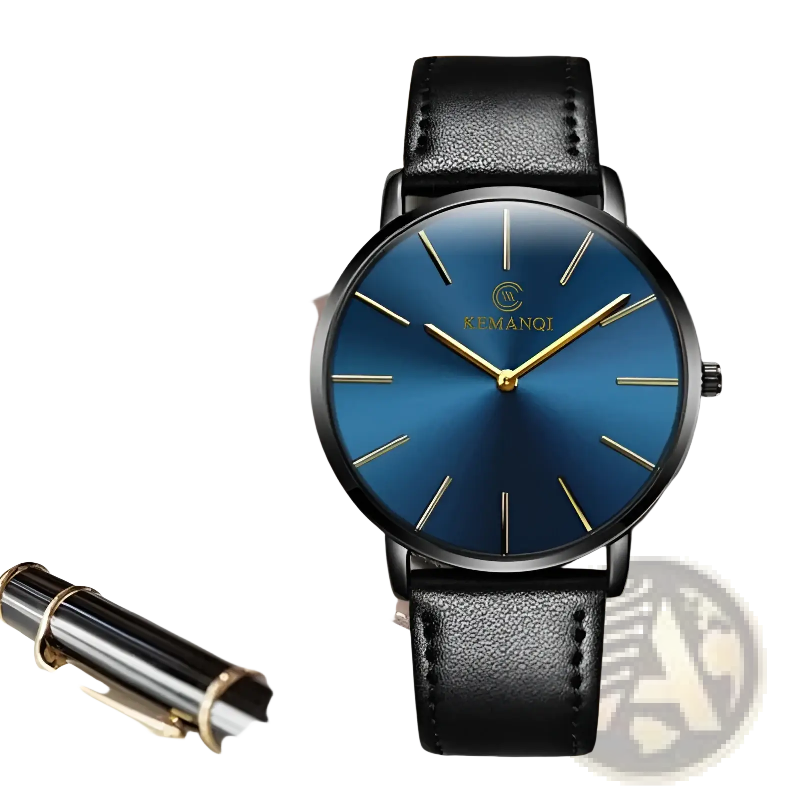 A sleek kemanqi ultra thin gold mens leather quartz watch with a vibrant blue dial and black leather strap