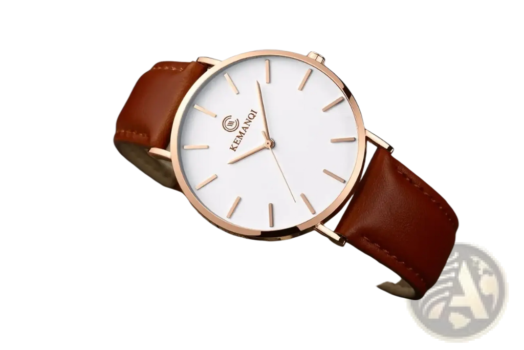A sleek rose gold kemanqi ultra thin mens leather quartz watch with white dial and brown leather strap