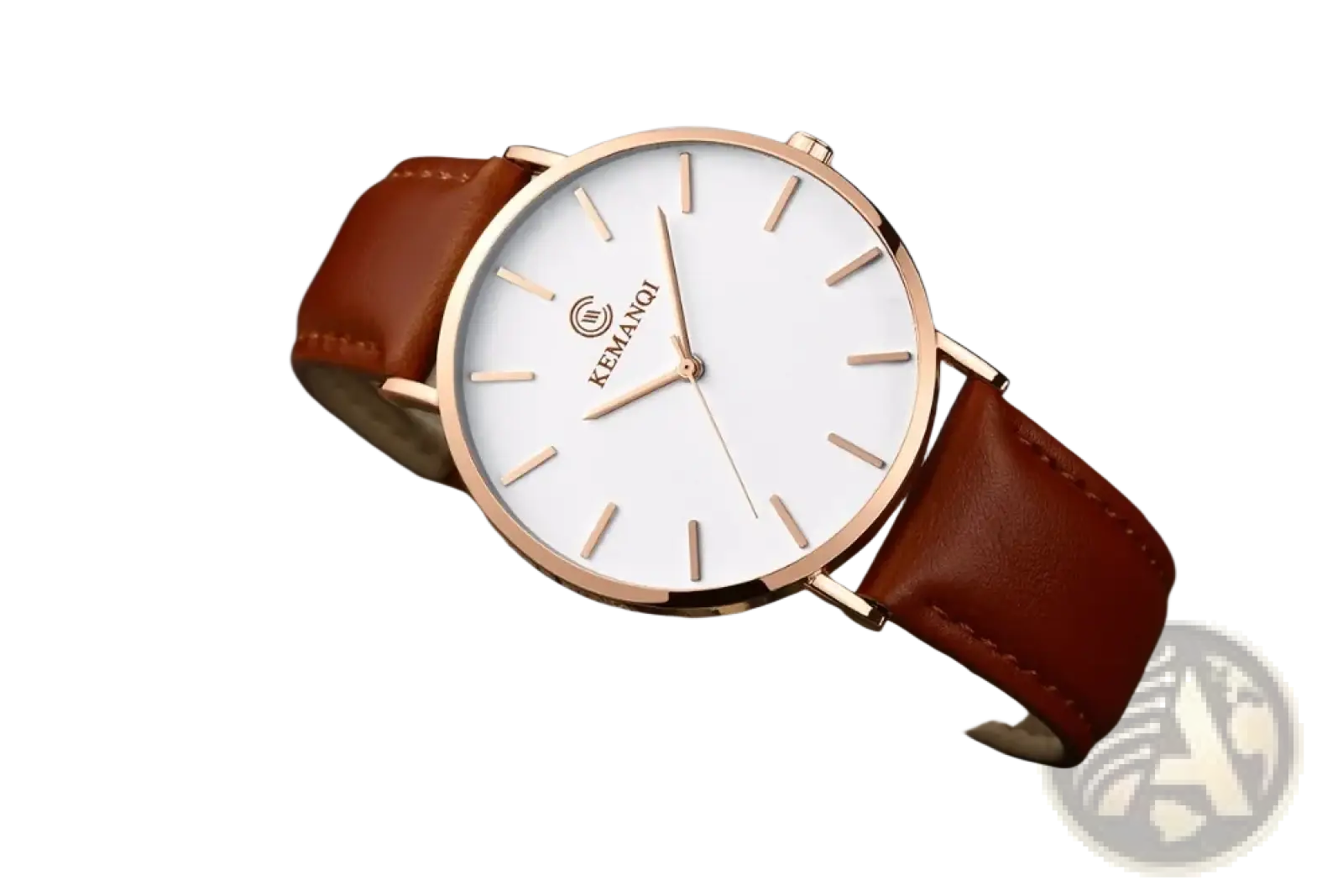 A sleek rose gold kemanqi ultra thin mens leather quartz watch with white dial and brown leather strap