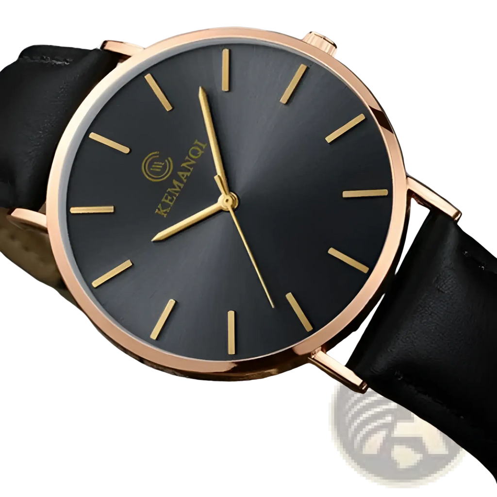 Ultra thin minimalist black leather men watch with rose gold-tone case and black dial with golden hour markers