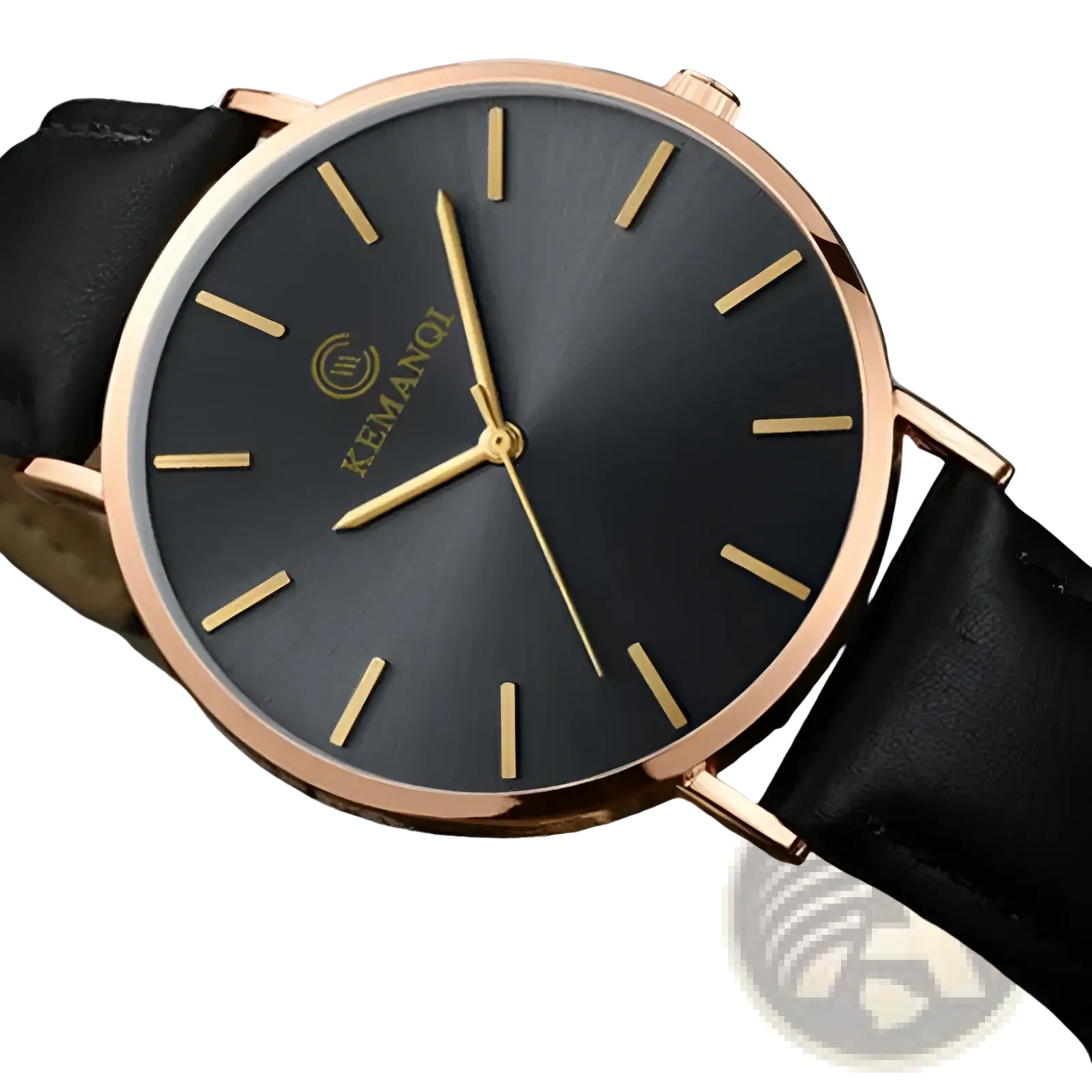Ultra thin minimalist black leather men watch with rose gold-tone case and black dial with golden hour markers