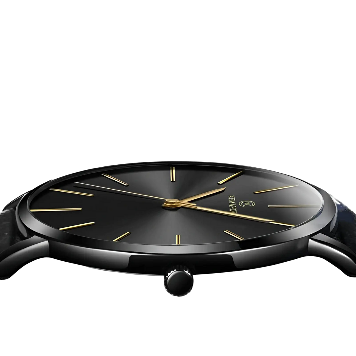 Ultra thin minimalist black leather men watch with black dial gold-tone hands hour markers and sleek black case strap