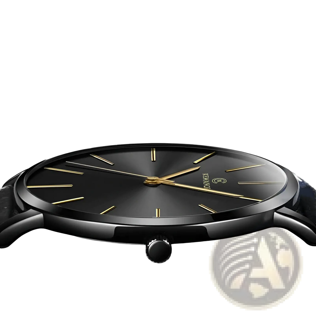 Ultra thin minimalist black leather men watch with black dial gold-tone hands hour markers and sleek black case strap
