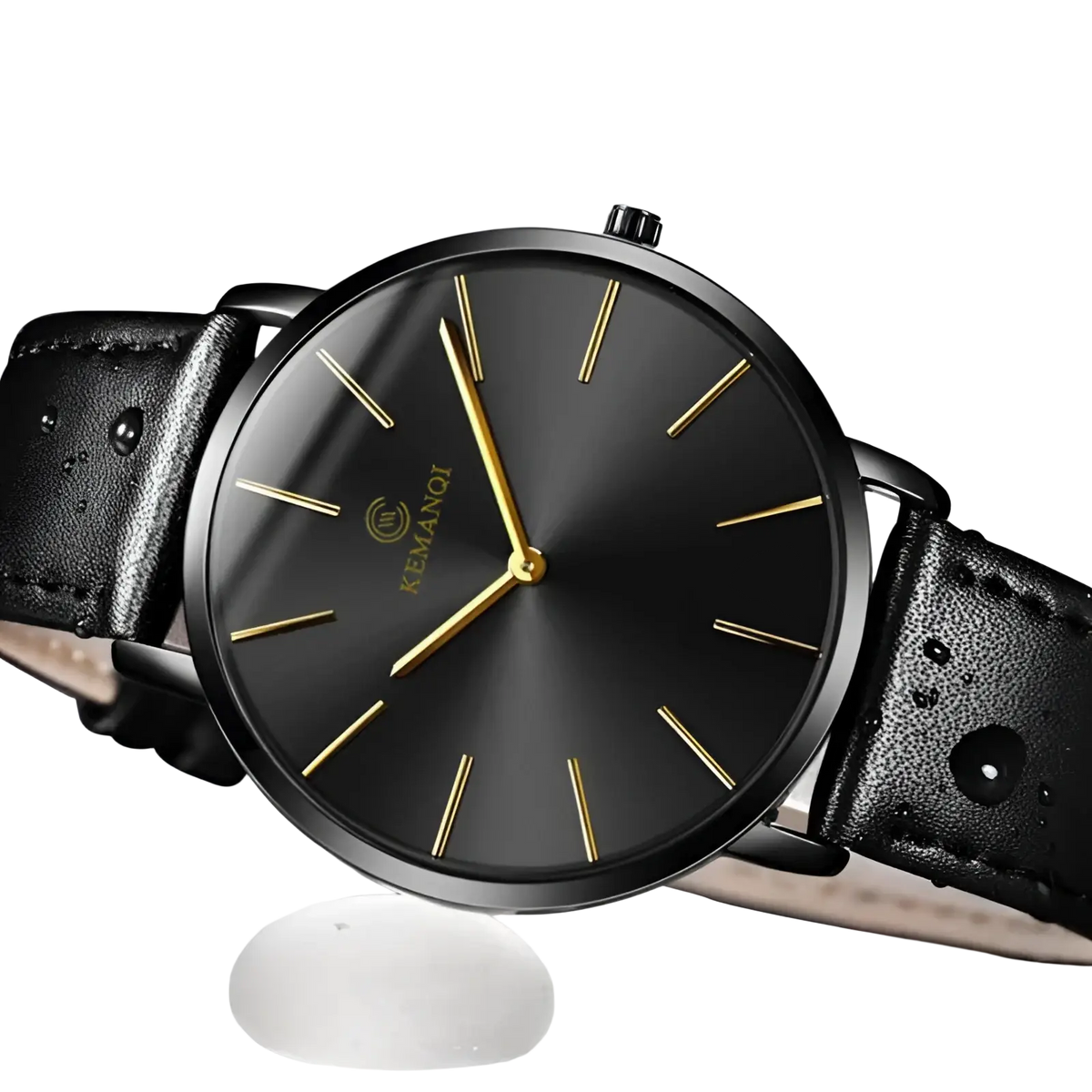 Ultra thin minimalist black leather men watch with black kemanqi dial and gold-toned hands and hour markers