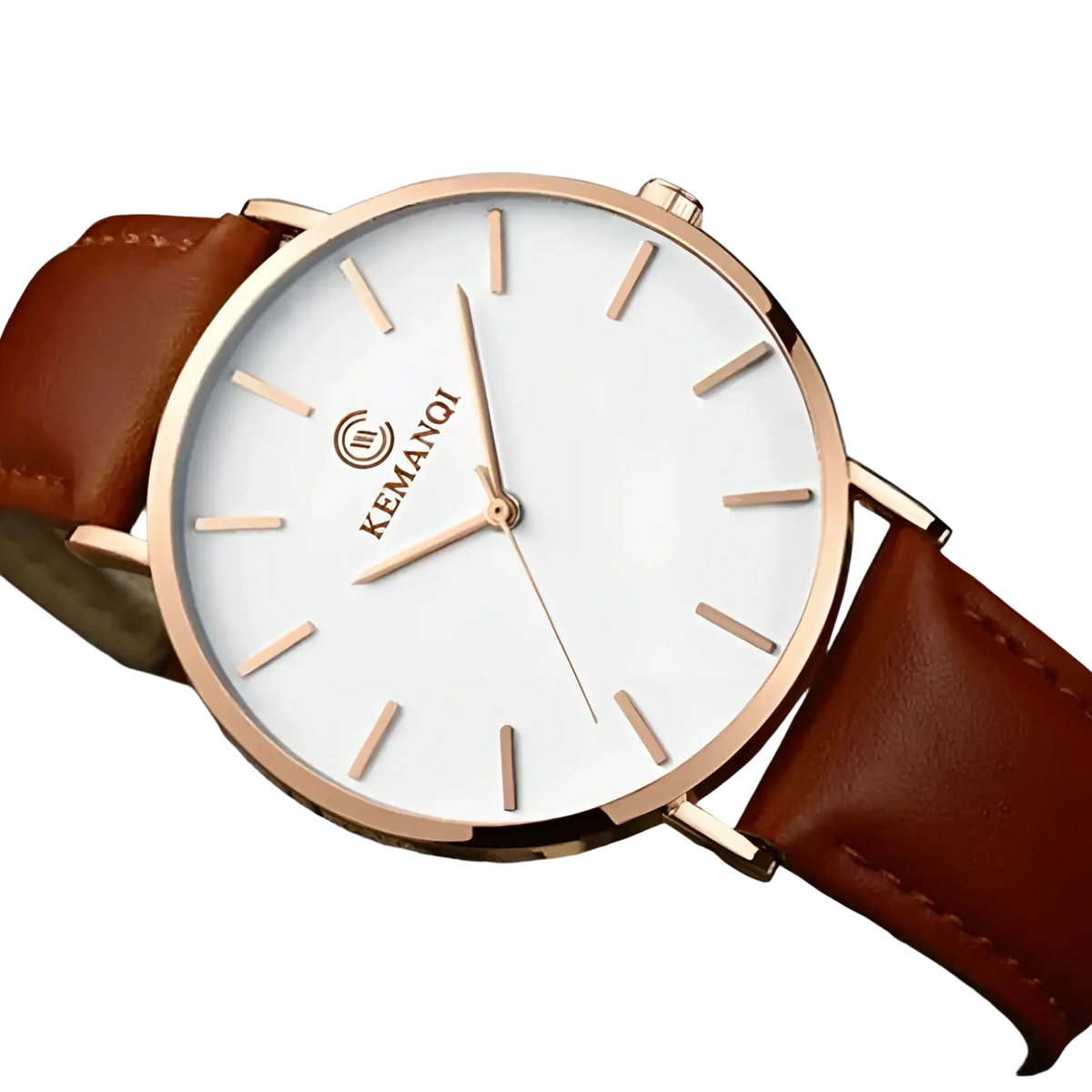 Kemanqi ultra thin minimalist men watch with rose gold case white dial and brown leather strap