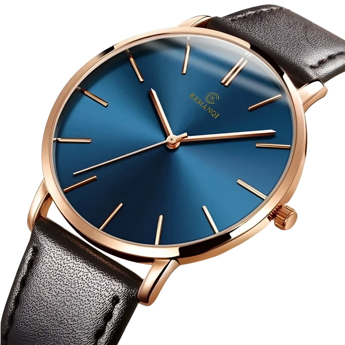 A sleek kemanqi ultra thin minimalist men watch with gradient blue dial rose gold case and dark brown leather strap