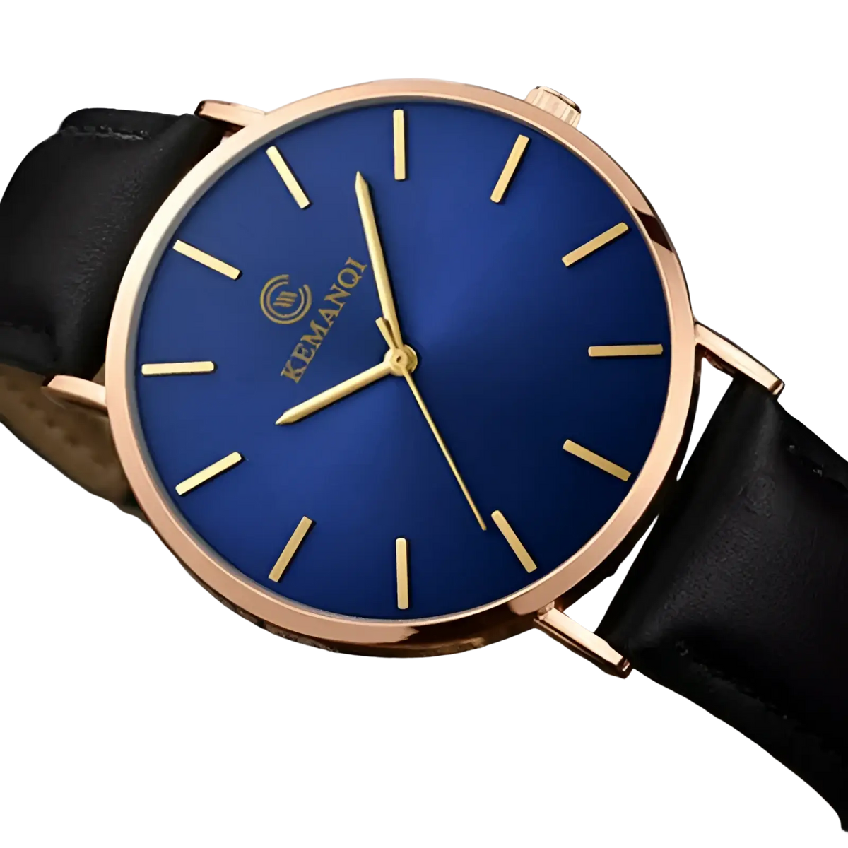 A sleek kemanqi ultra thin minimalist men watch with deep blue dial rose gold case and black leather strap