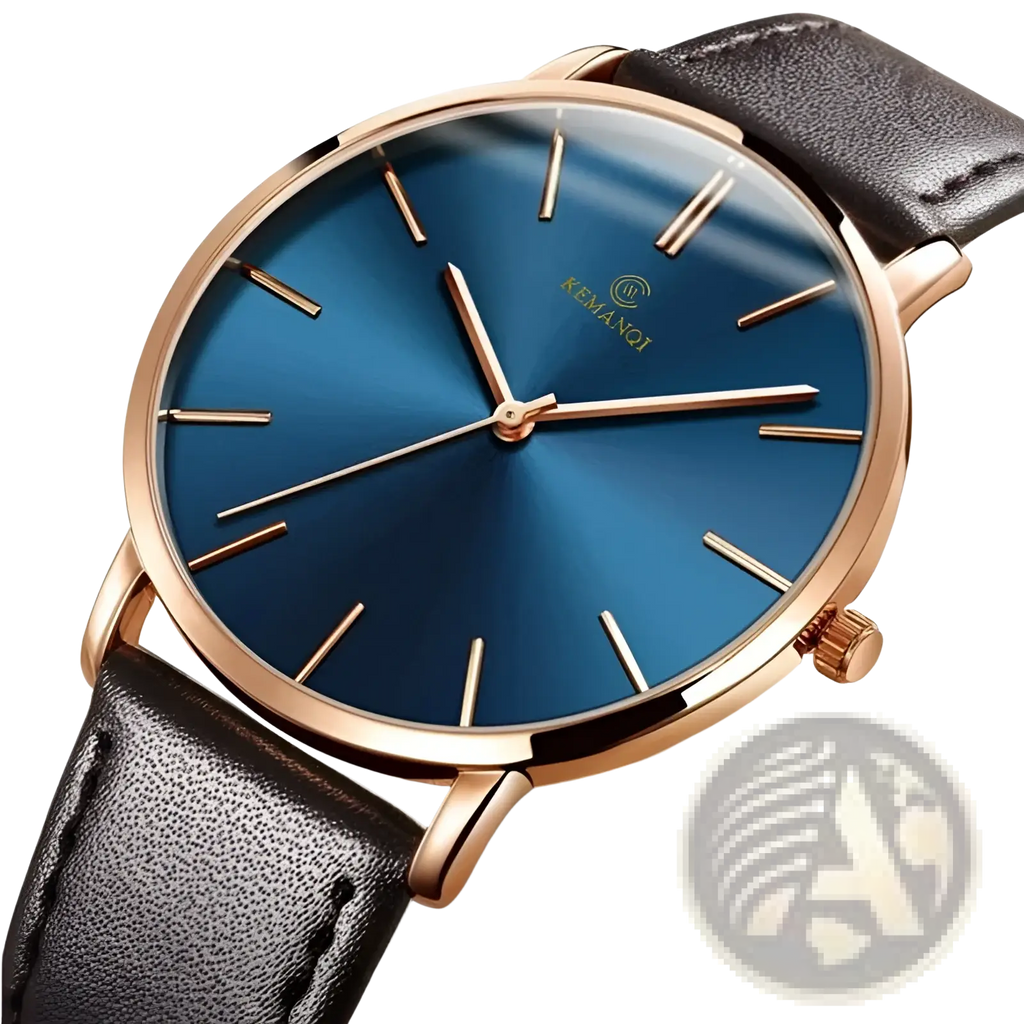 A sleek kemanqi ultra thin minimalist men watch with gradient blue dial rose gold case and dark brown leather strap