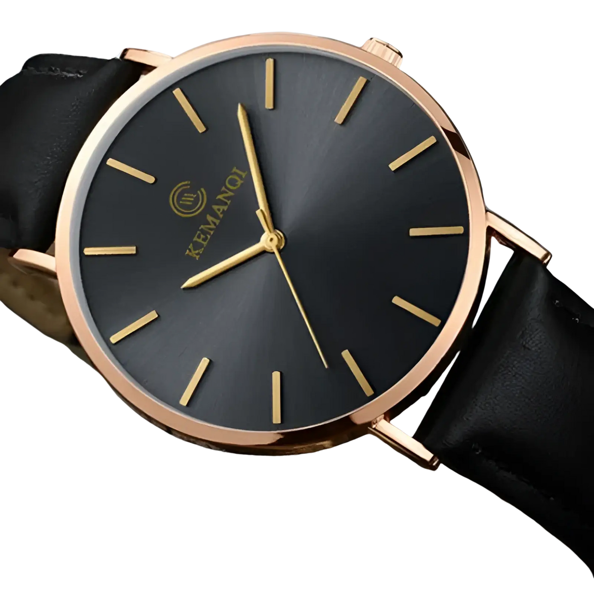 Ultra thin minimalist black leather men watch with rose gold-tone case and black dial with golden hour markers