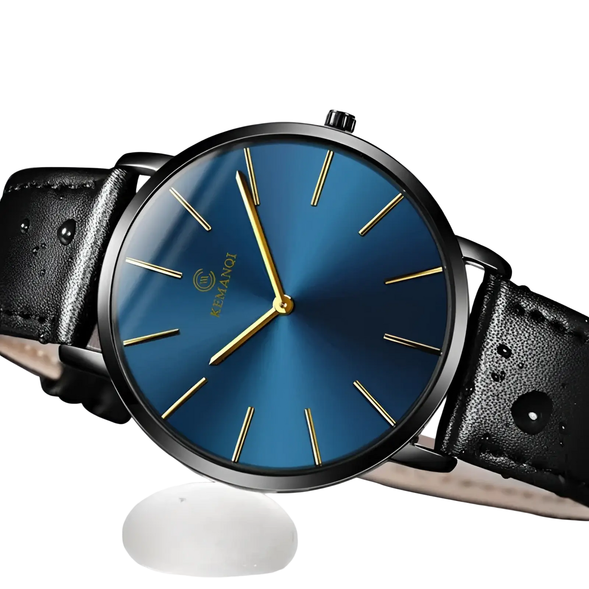 Ultra thin minimalist black leather men watch with sleek black case blue gradient dial and gold-tone hands kemangqi