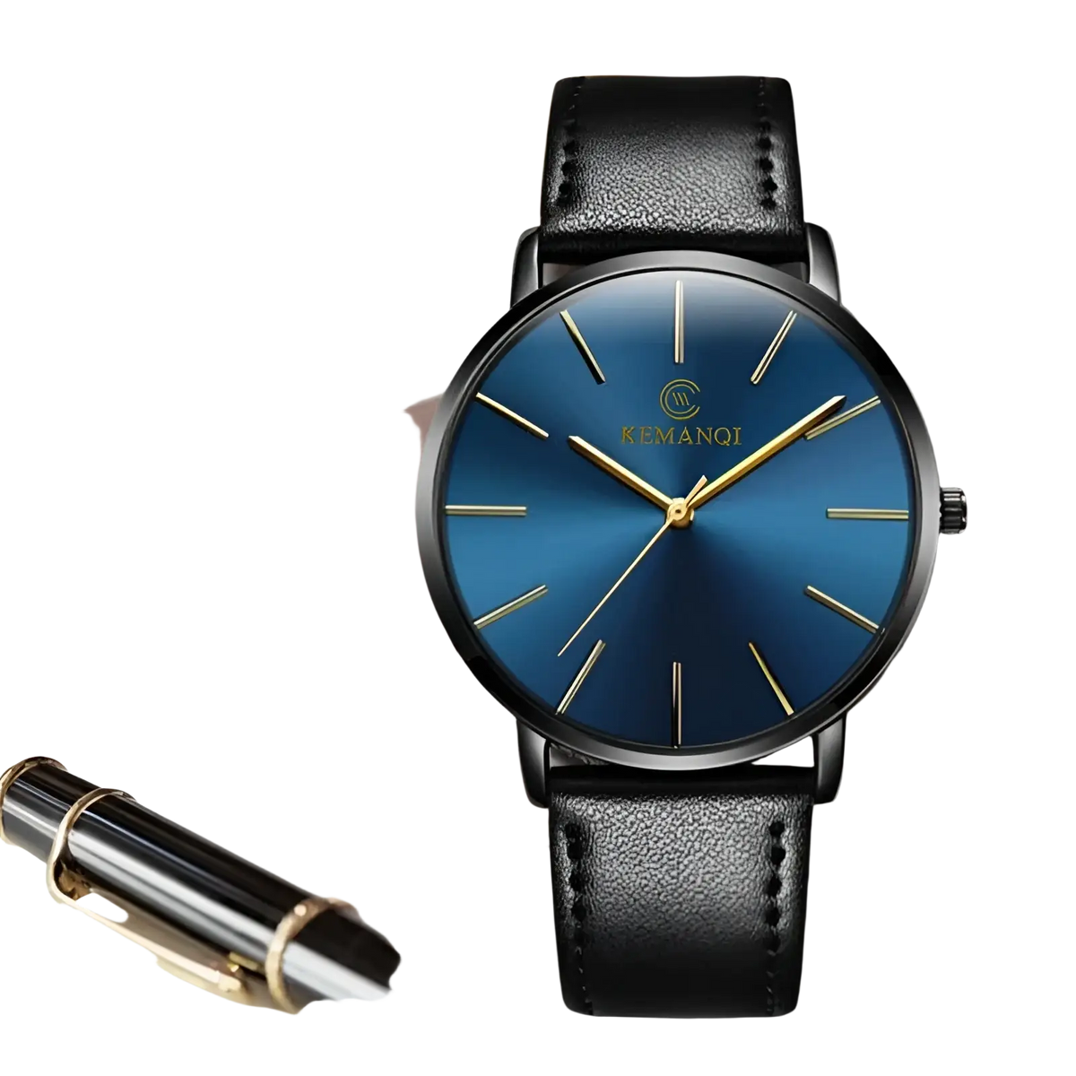 Ultra thin minimalist black leather men watch with a blue gradient dial and gold-tone hands
