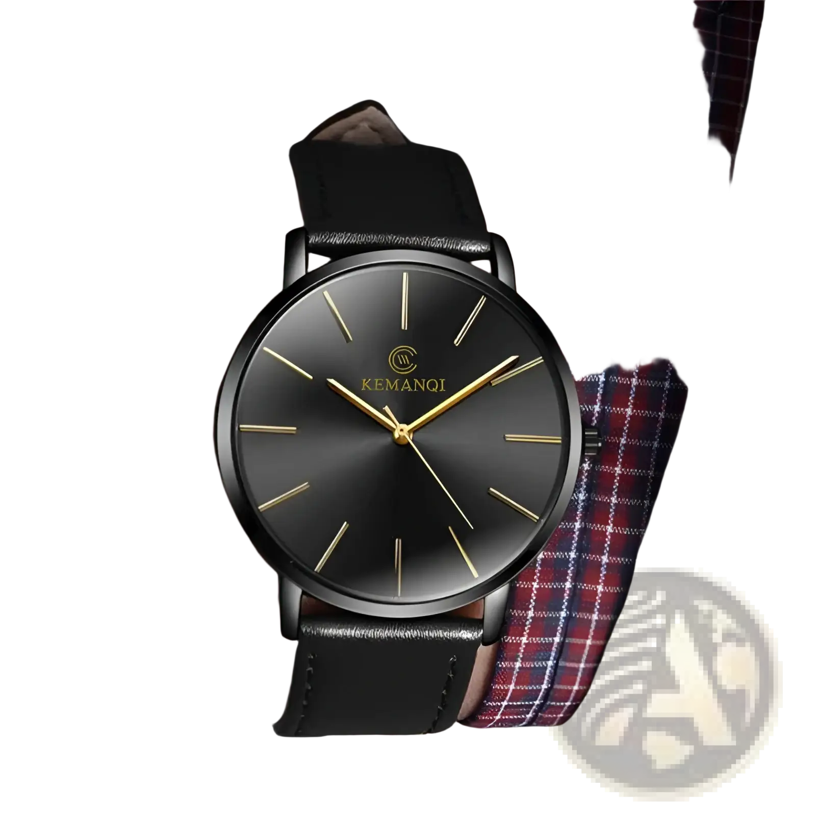 Ultra thin minimalist black leather men watch with sleek black dial gold-tone hands and kemanqi brand logo