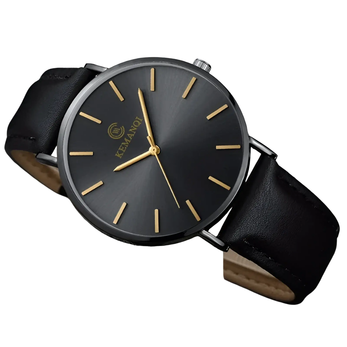 Ultra thin minimalist black leather men watch with sleek black dial gold tone hour markers and kemangi brand logo