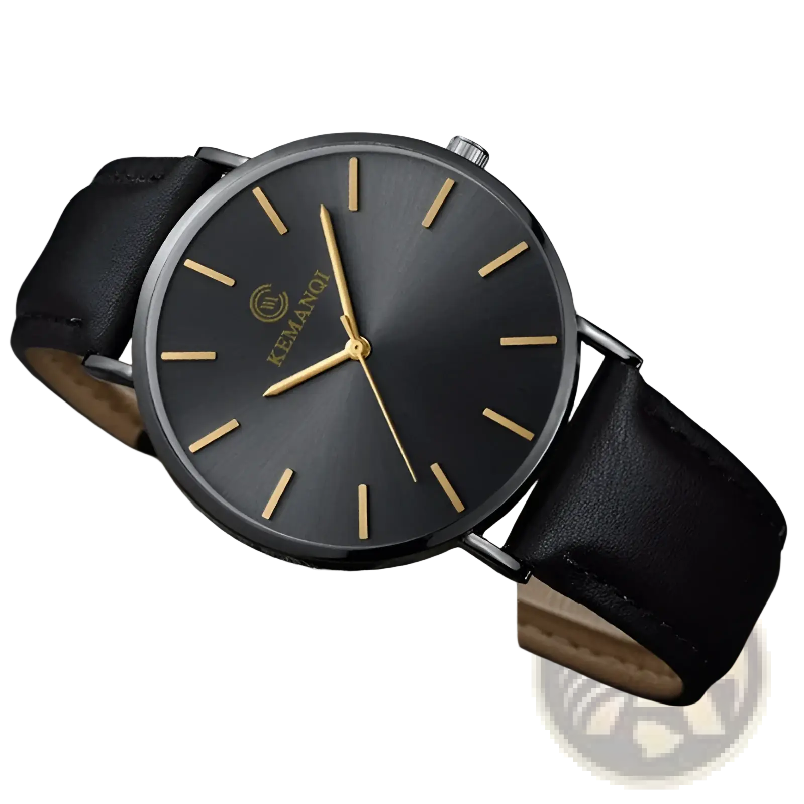 Ultra thin minimalist black leather men watch with sleek black dial gold tone hour markers and kemangi brand logo