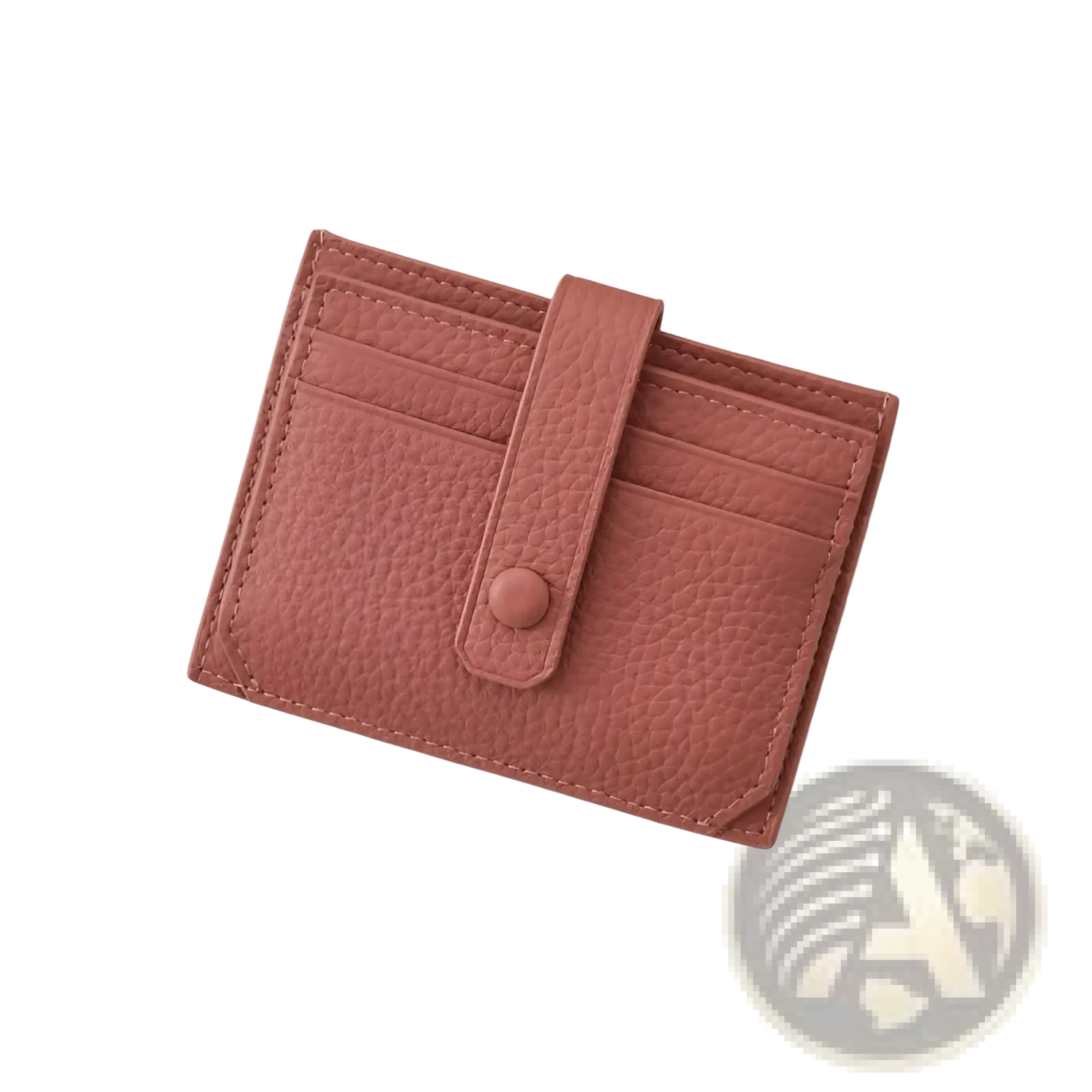 Ultra thin minimalist rose-colored textured leather card holder with strap and matching button closure