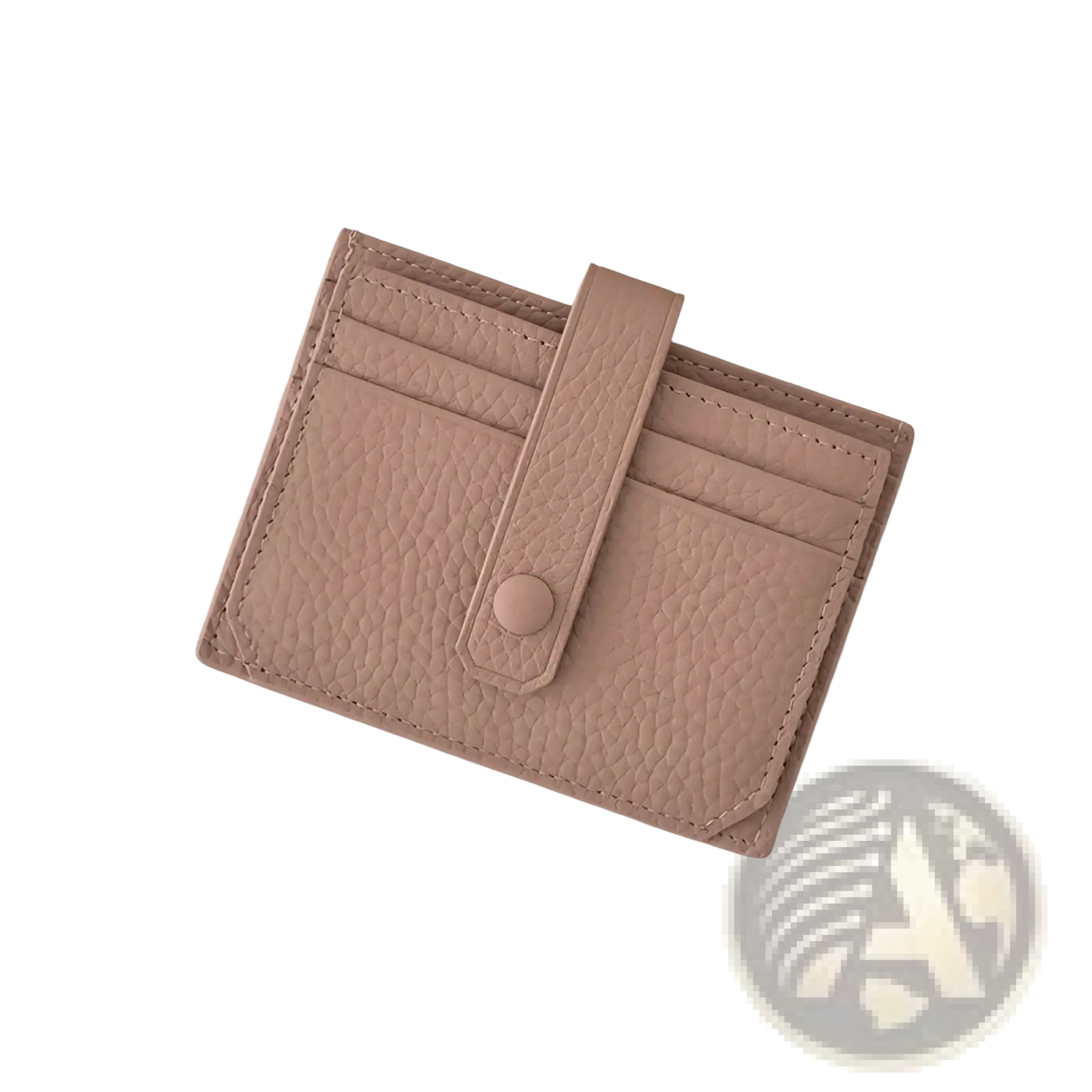 Ultra thin minimalist blush pink textured leather card holder with flap closure and matching button secure strap