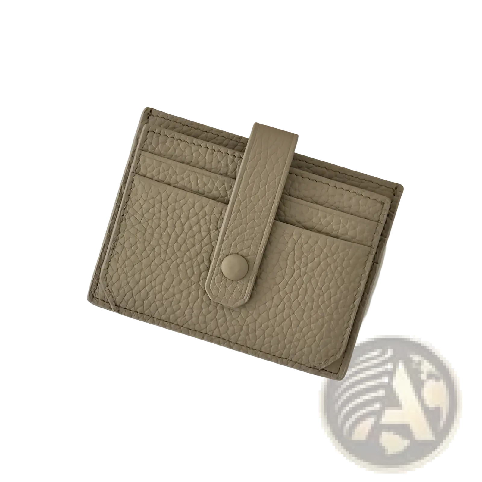 Taupe ultra thin minimalist textured leather card holder with flap closure and matching button strap