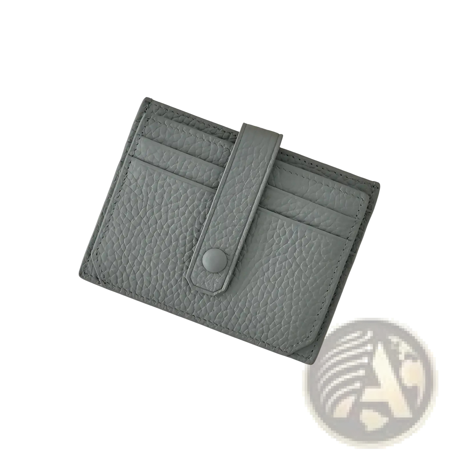 Gray textured leather ultra thin minimalist card holder with strap and button closure for secure storage