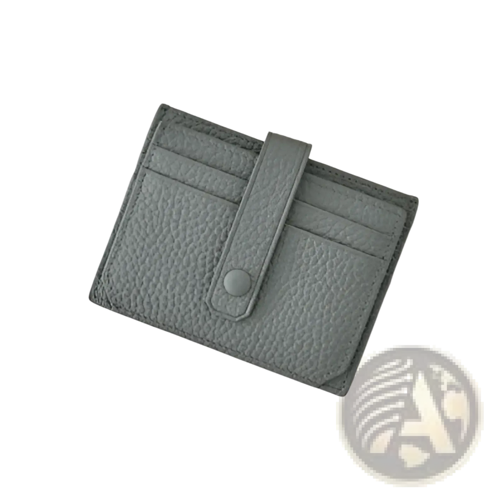Gray textured leather ultra thin minimalist card holder with flap closure and single button in front view