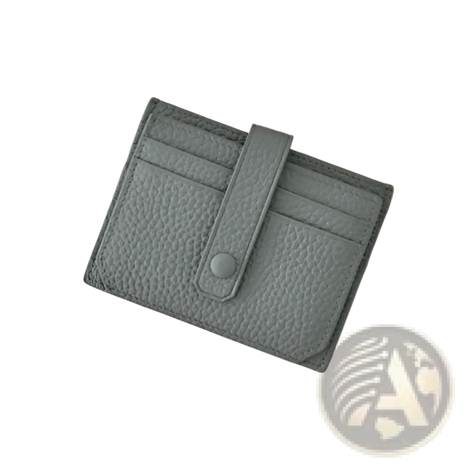 Gray textured leather ultra thin minimalist card holder with flap closure and single button in front view