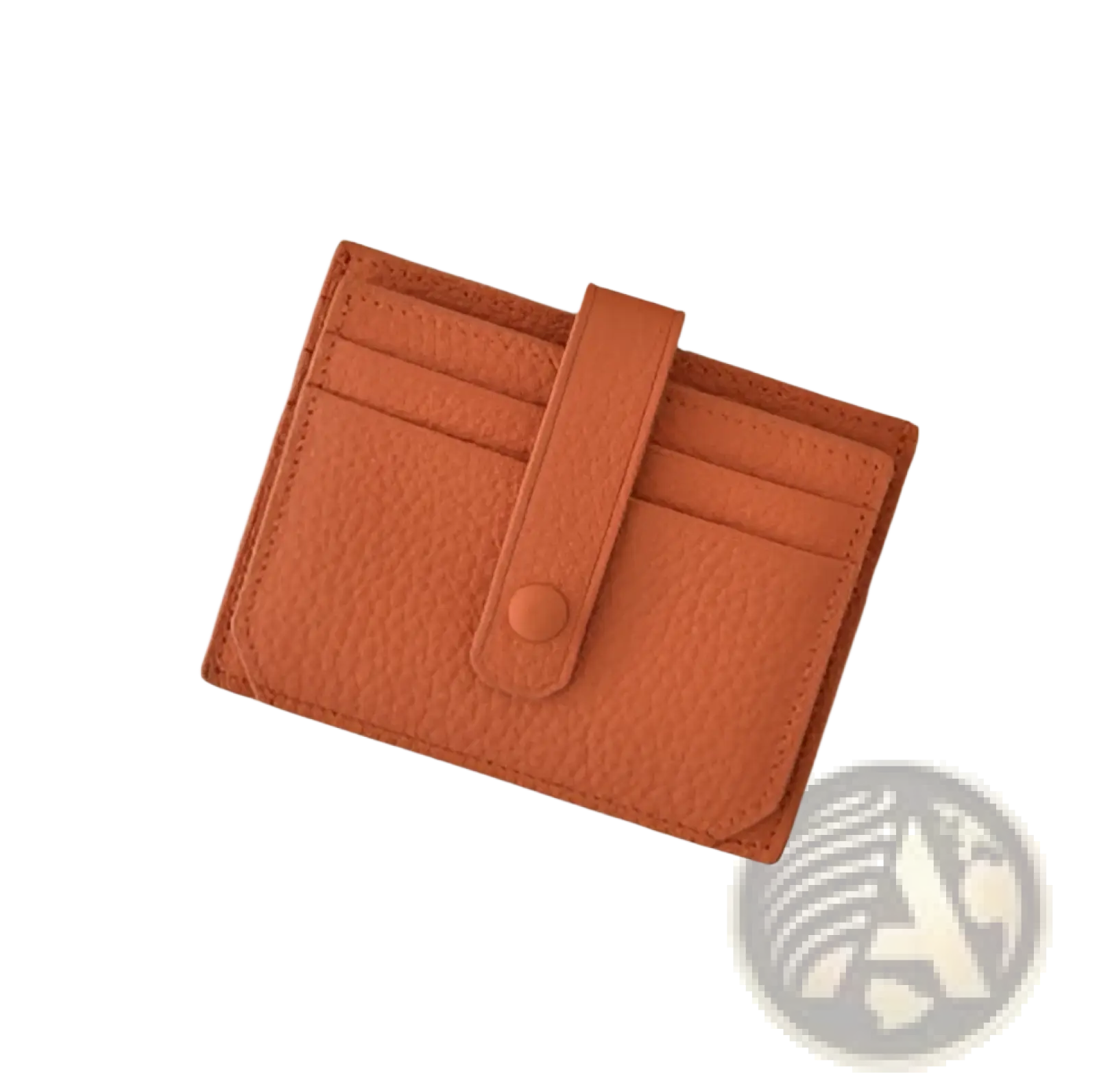 Orange textured leather ultra thin minimalist card holder with flap button closure and strap, front view