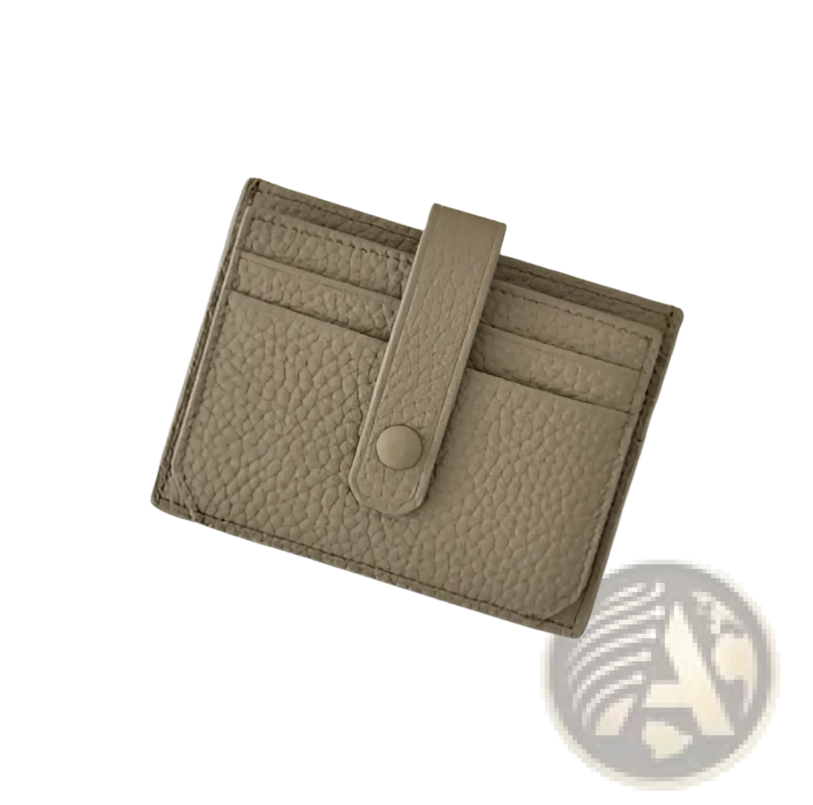 Taupe ultra thin minimalist textured leather card holder with flap closure secured by single button and strap