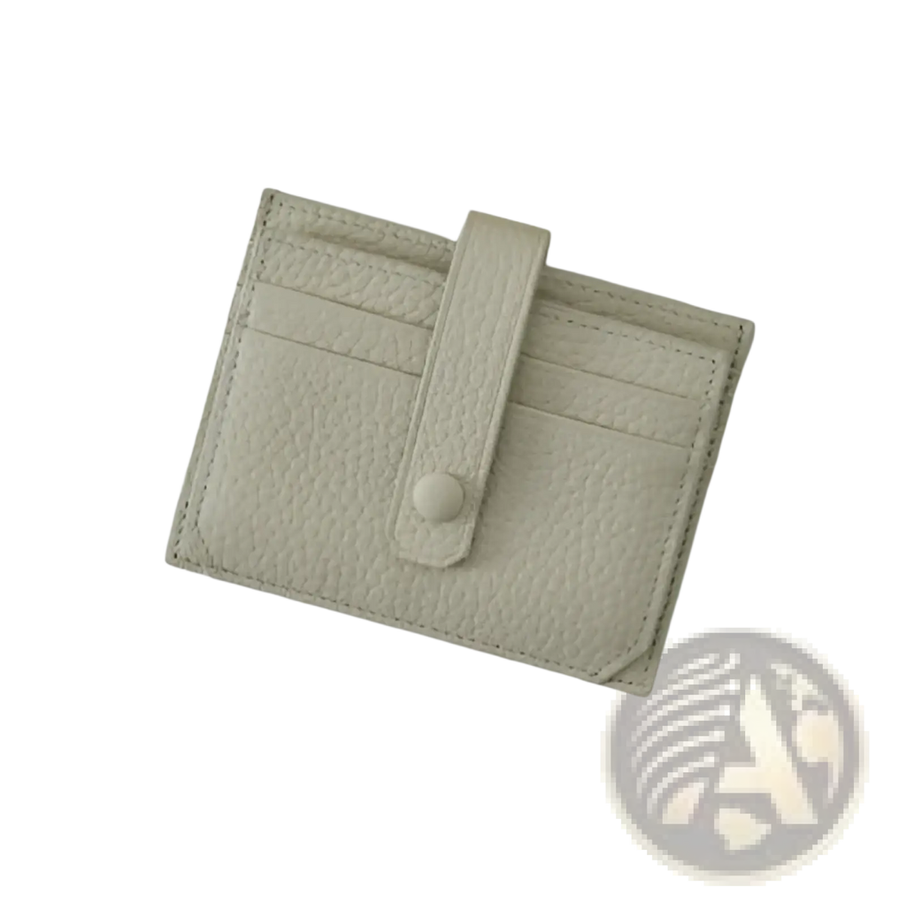 Ultra thin minimalist off-white textured leather card holder with matching strap and button closure