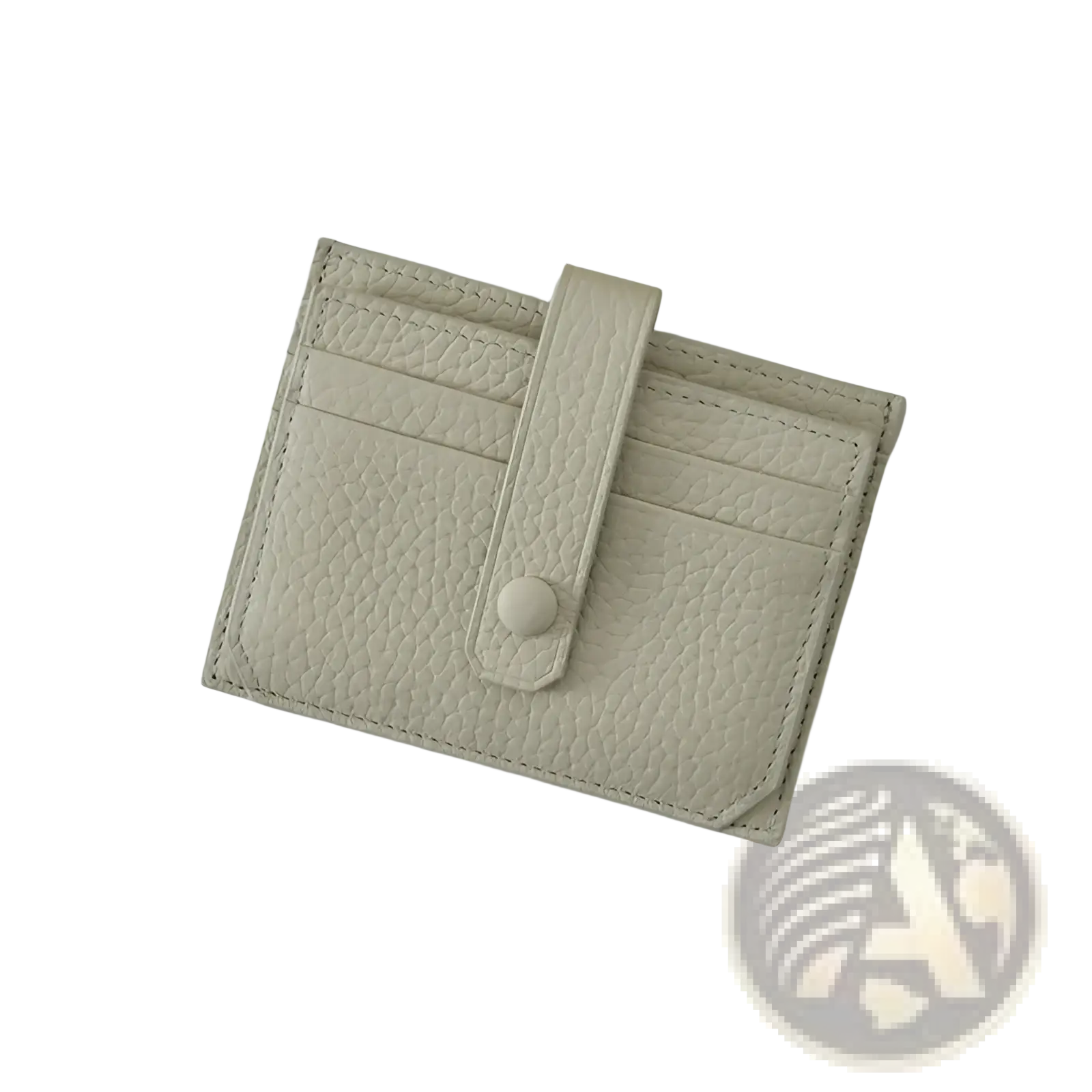Ultra thin minimalist beige pebbled leather card holder with stitched edges and matching button closure