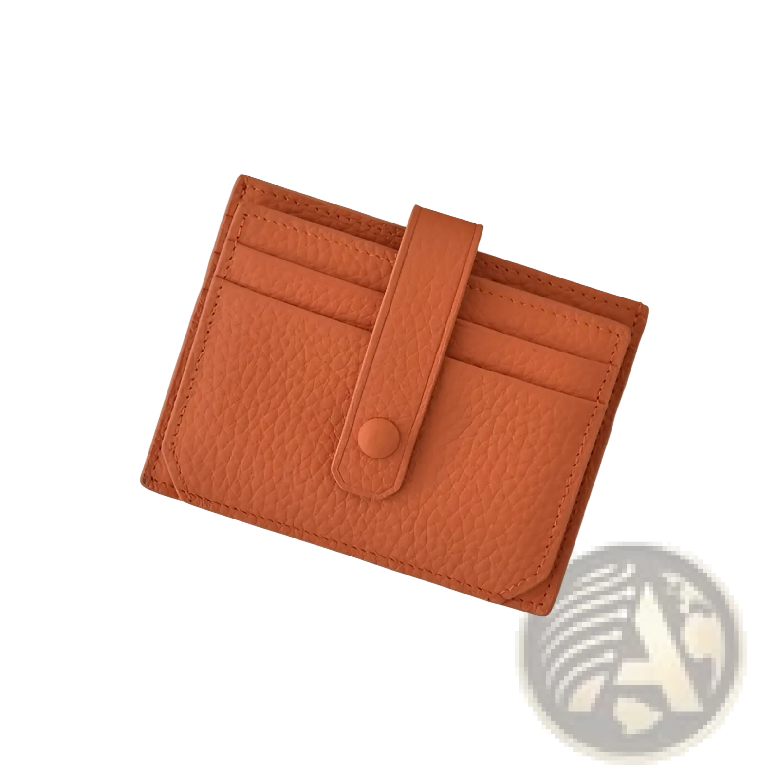 A sleek orange leather ultra thin minimalist textured card holder with button closure and strap