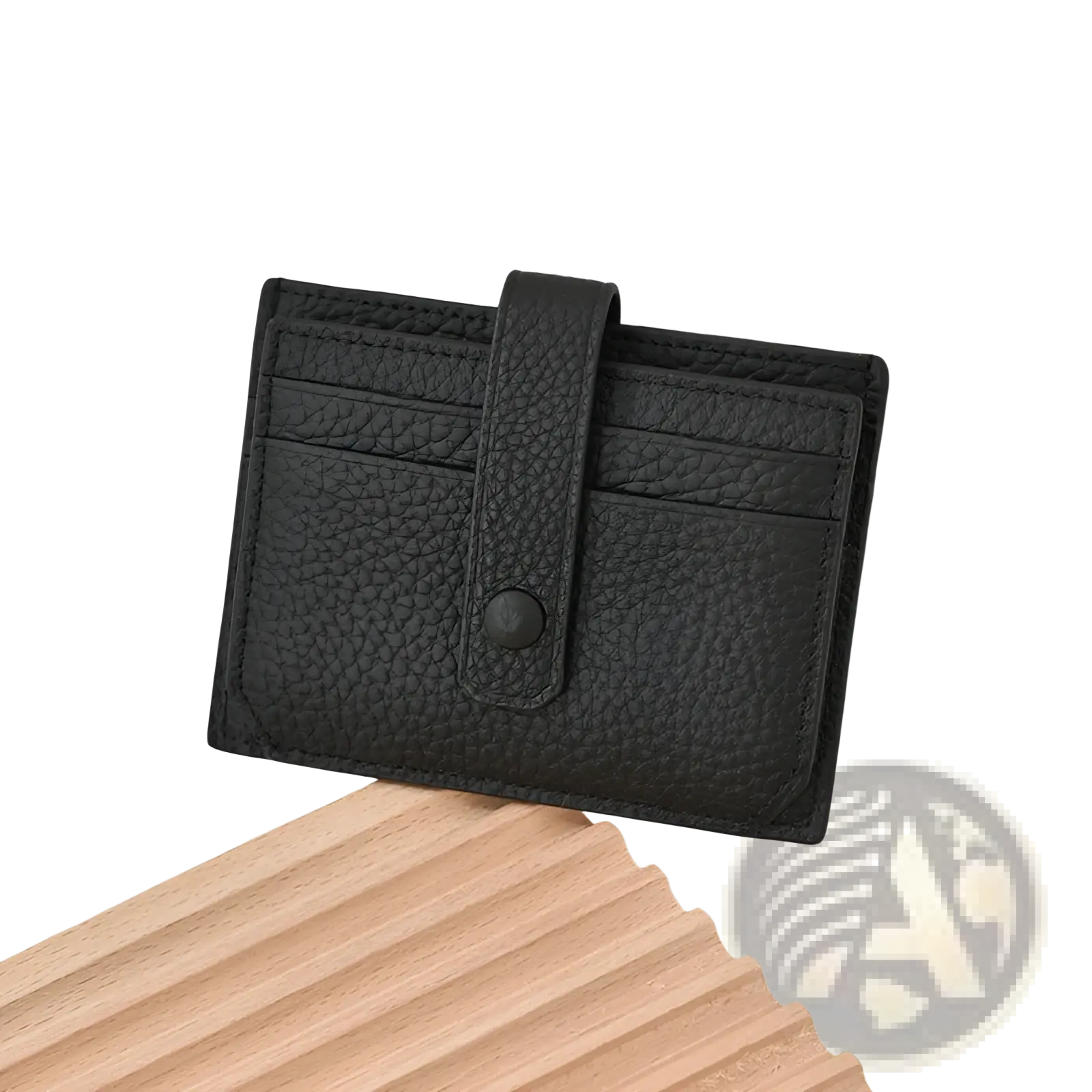 Black textured leather ultra thin minimalist card holder with flap closure and single button secured strap