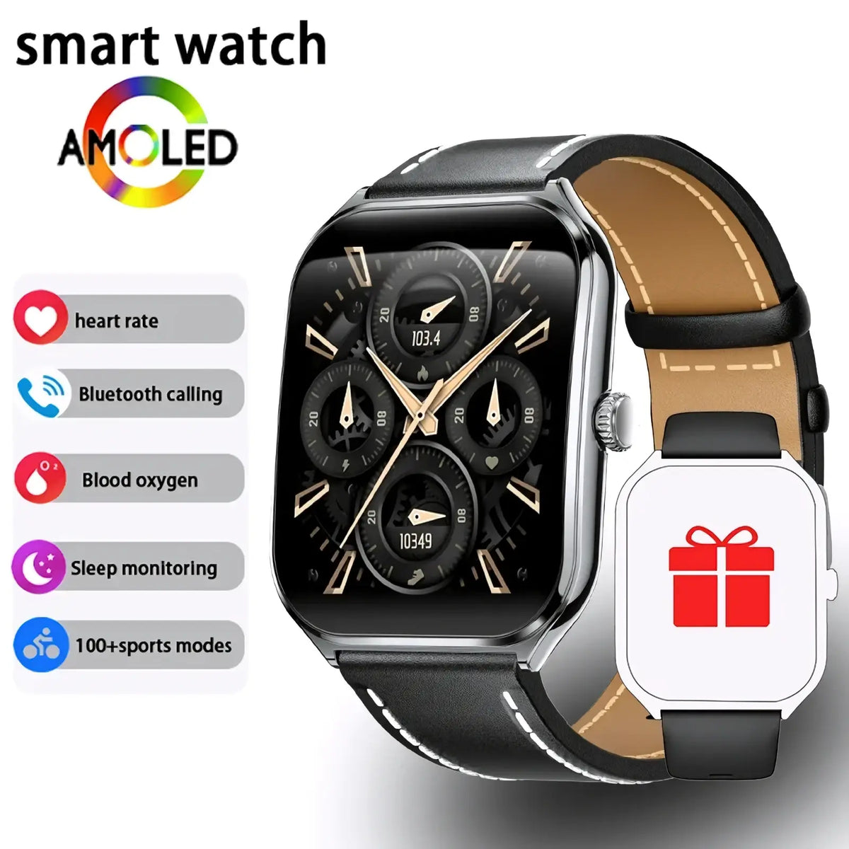 Black leather strap ultra thin smartwatch with 1.96 amoled rectangular screen and gold-tone hands with bluetooth call