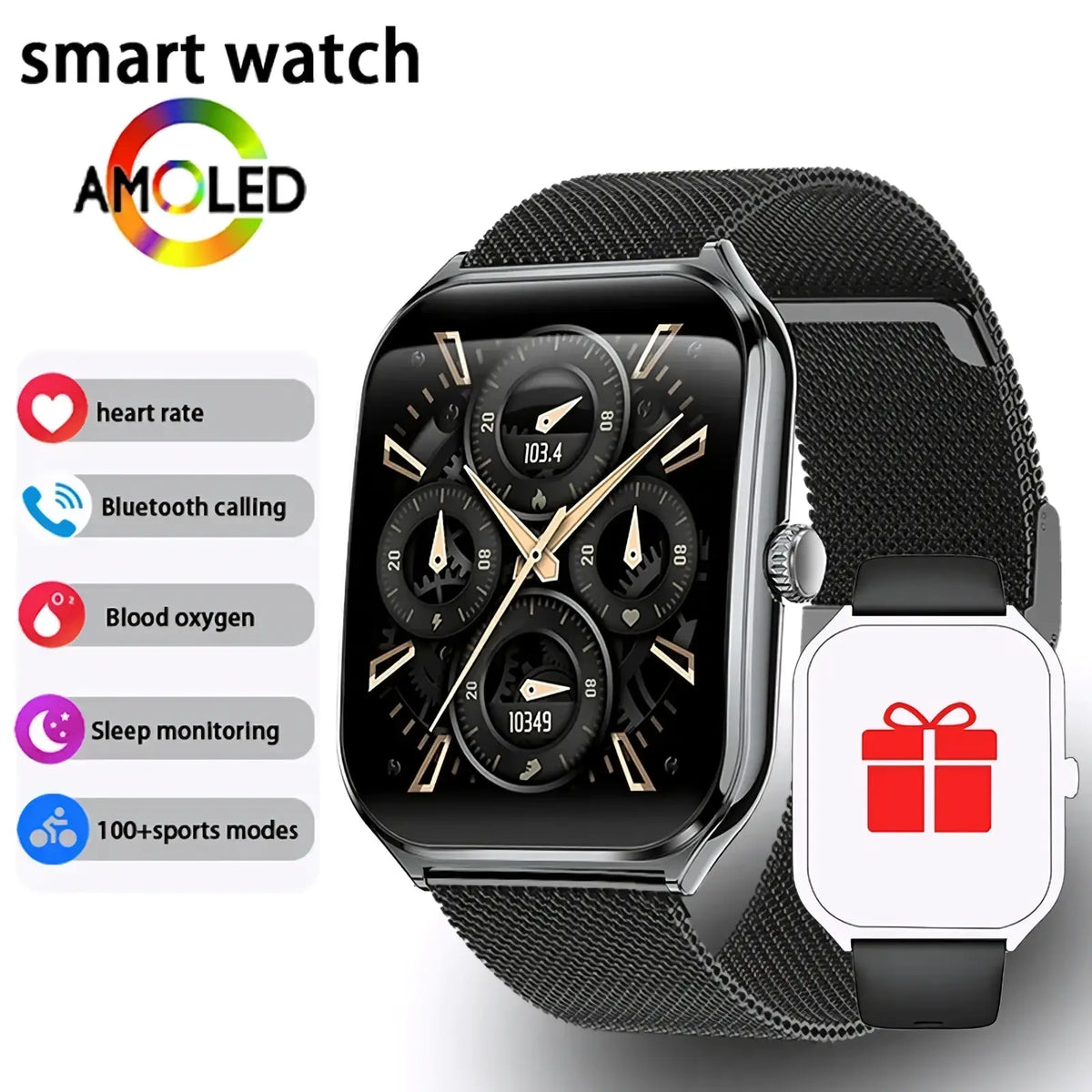 Black ultra thin smartwatch with 1.96 amoled display and sleek metal mesh band featuring multi-dial digital screen