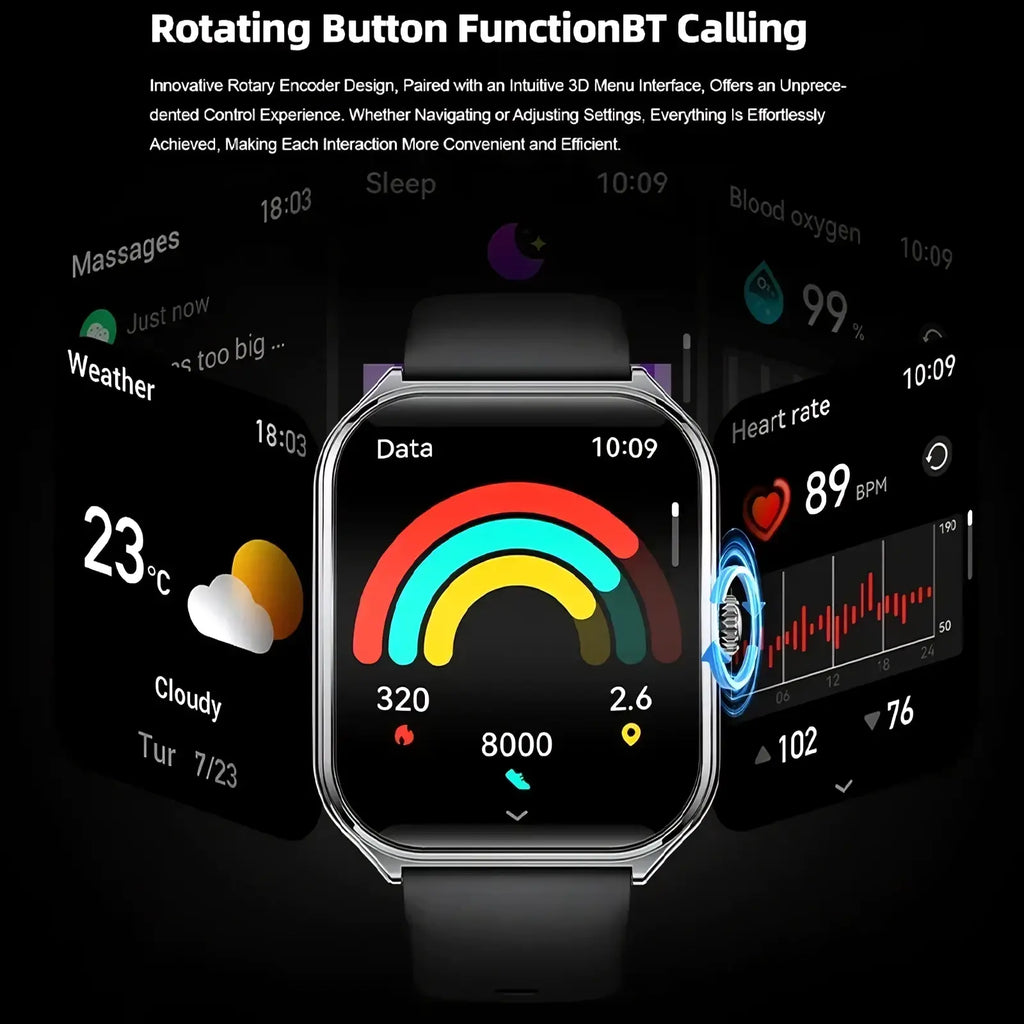Black ultra thin smartwatch with 1.96 inch amoled rectangular screen silver bezel and black strap showing health and weather data