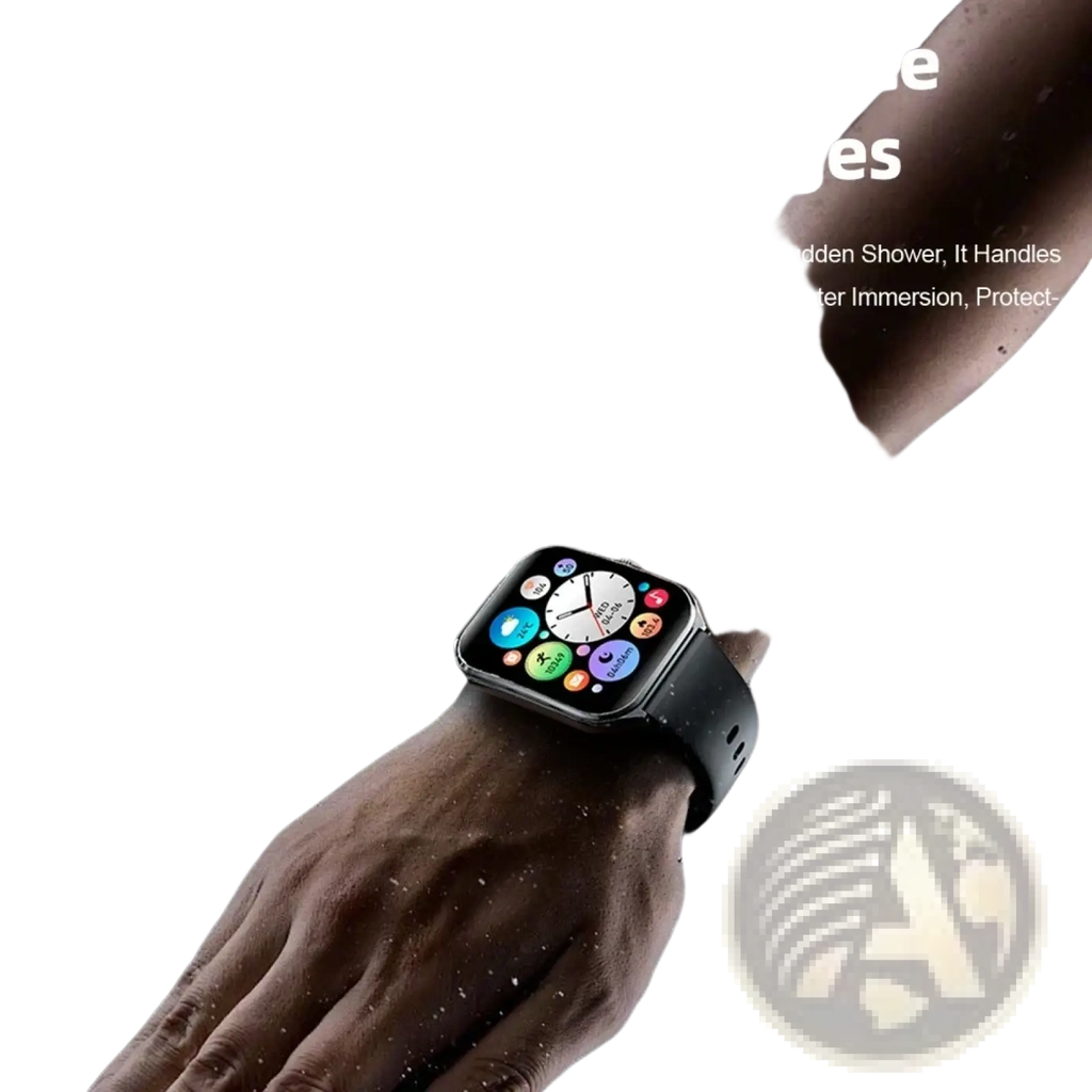 Black ultra thin smartwatch with 1.96 amoled screen and ip67 waterproof black strap displayed with water splashes