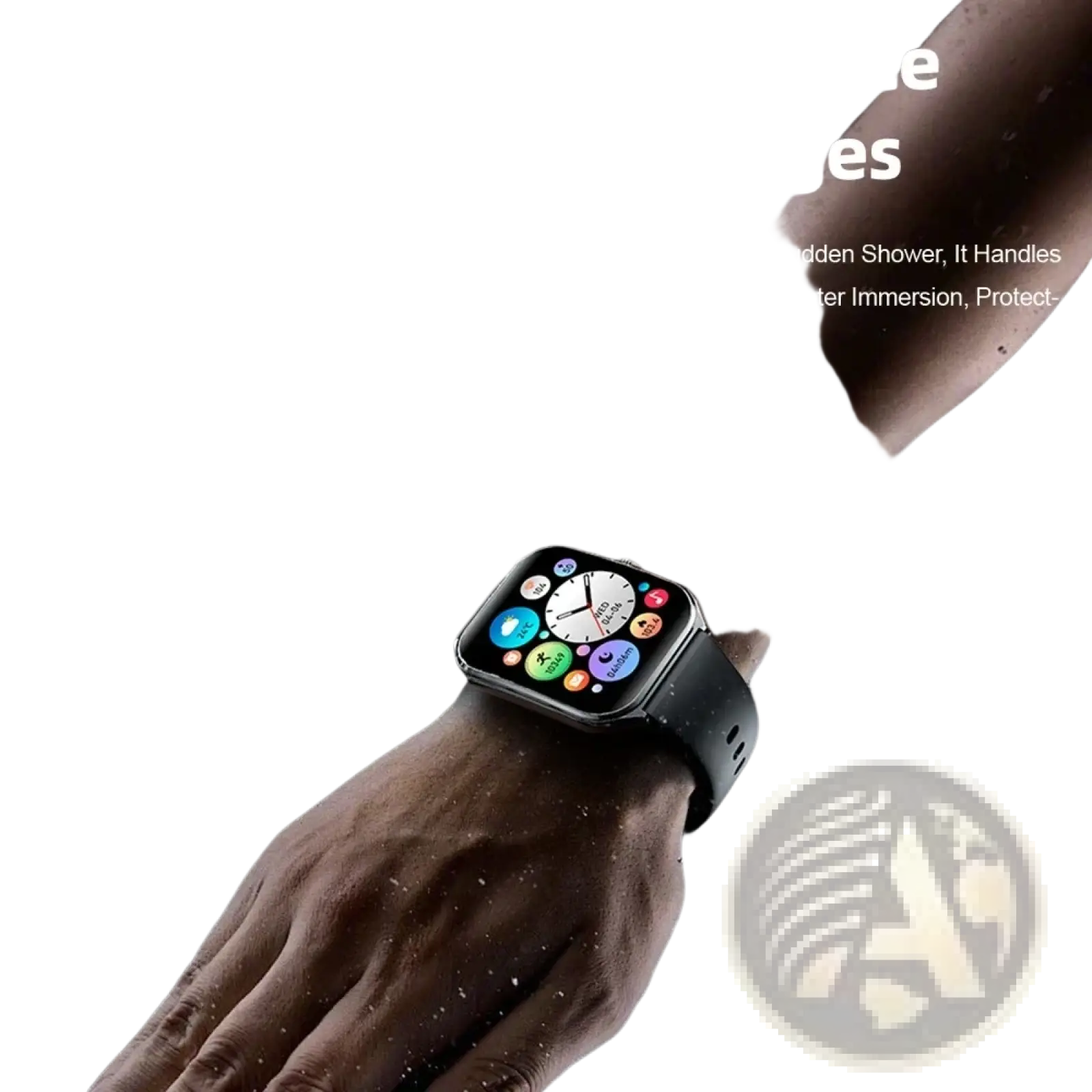 Black ultra thin smartwatch with 1.96 amoled screen and ip67 waterproof black strap displayed with water splashes