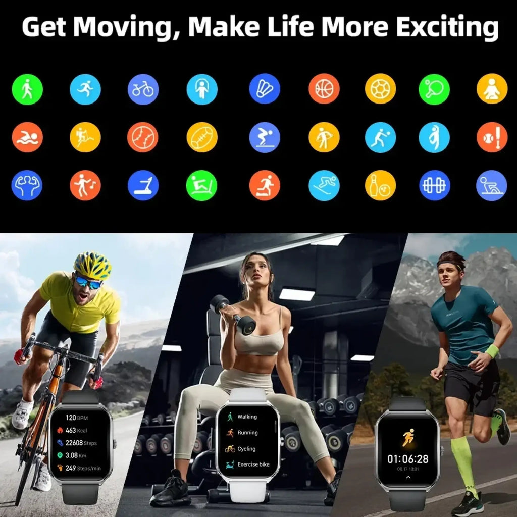 Ultra thin smartwatch with black rectangular amoled display silver bezel showing fitness metrics and bluetooth call features
