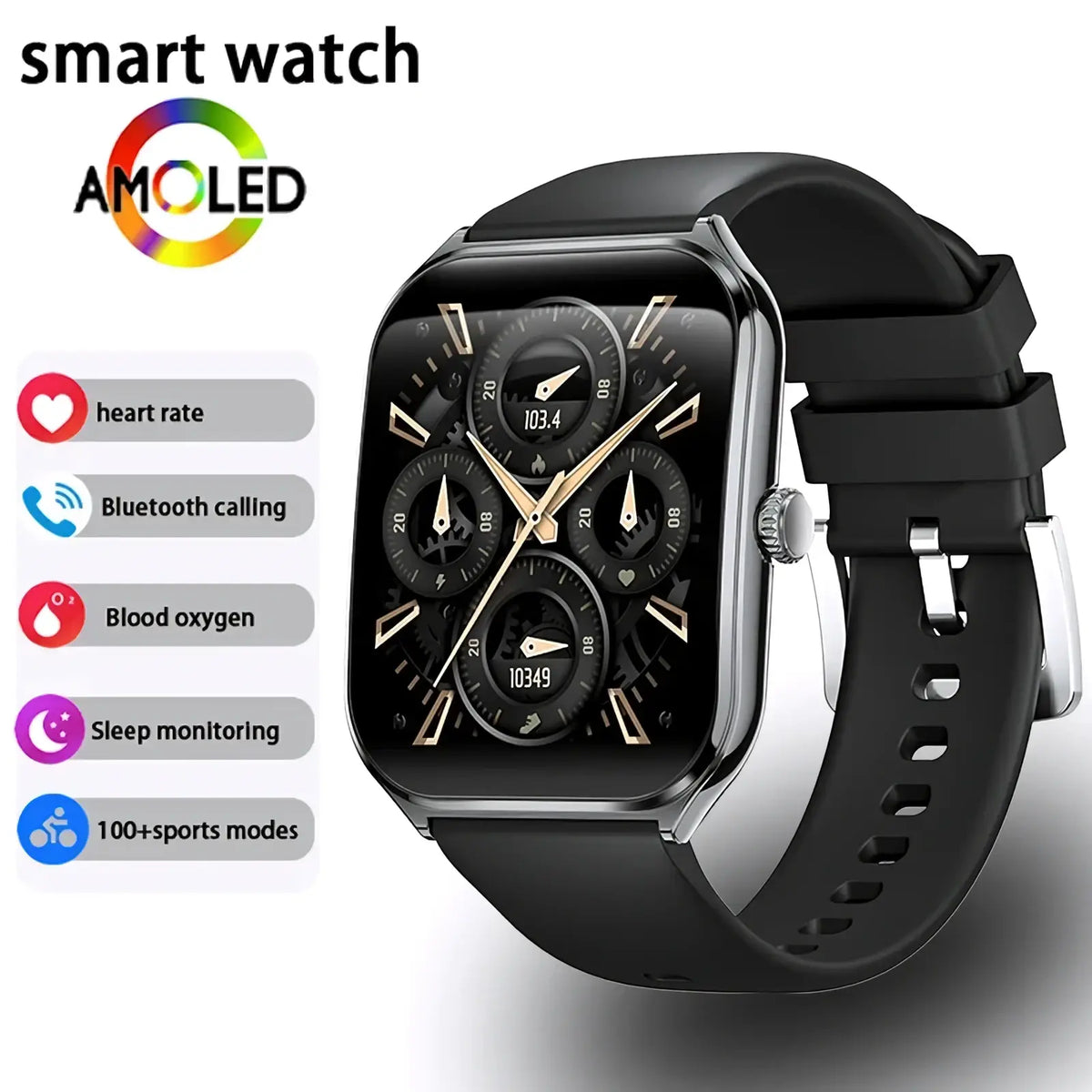 Black ultra thin smartwatch with 1.96 inch rectangular amoled screen gold-toned hands and multiple sub-dials display