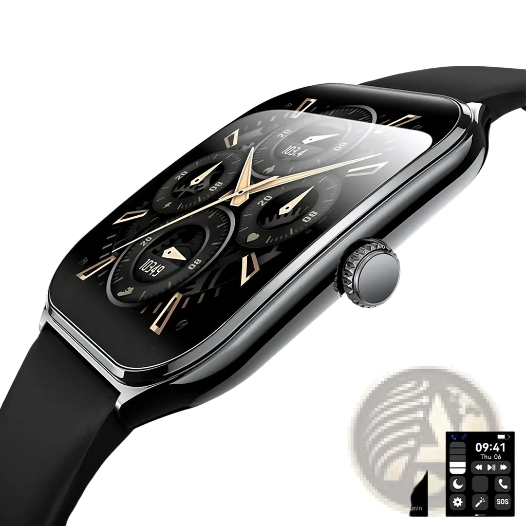 Black and silver ultrathin smartwatch with 1.96 inch amoled display showing multiple watch faces and fitness tracking metrics