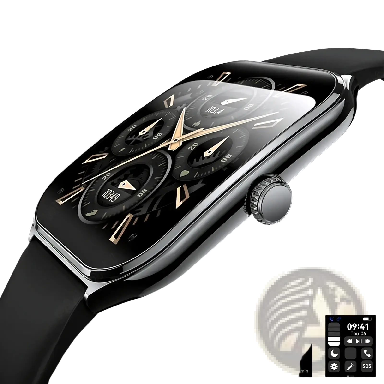 Black and silver ultrathin smartwatch with 1.96 inch amoled display showing multiple watch faces and fitness tracking metrics