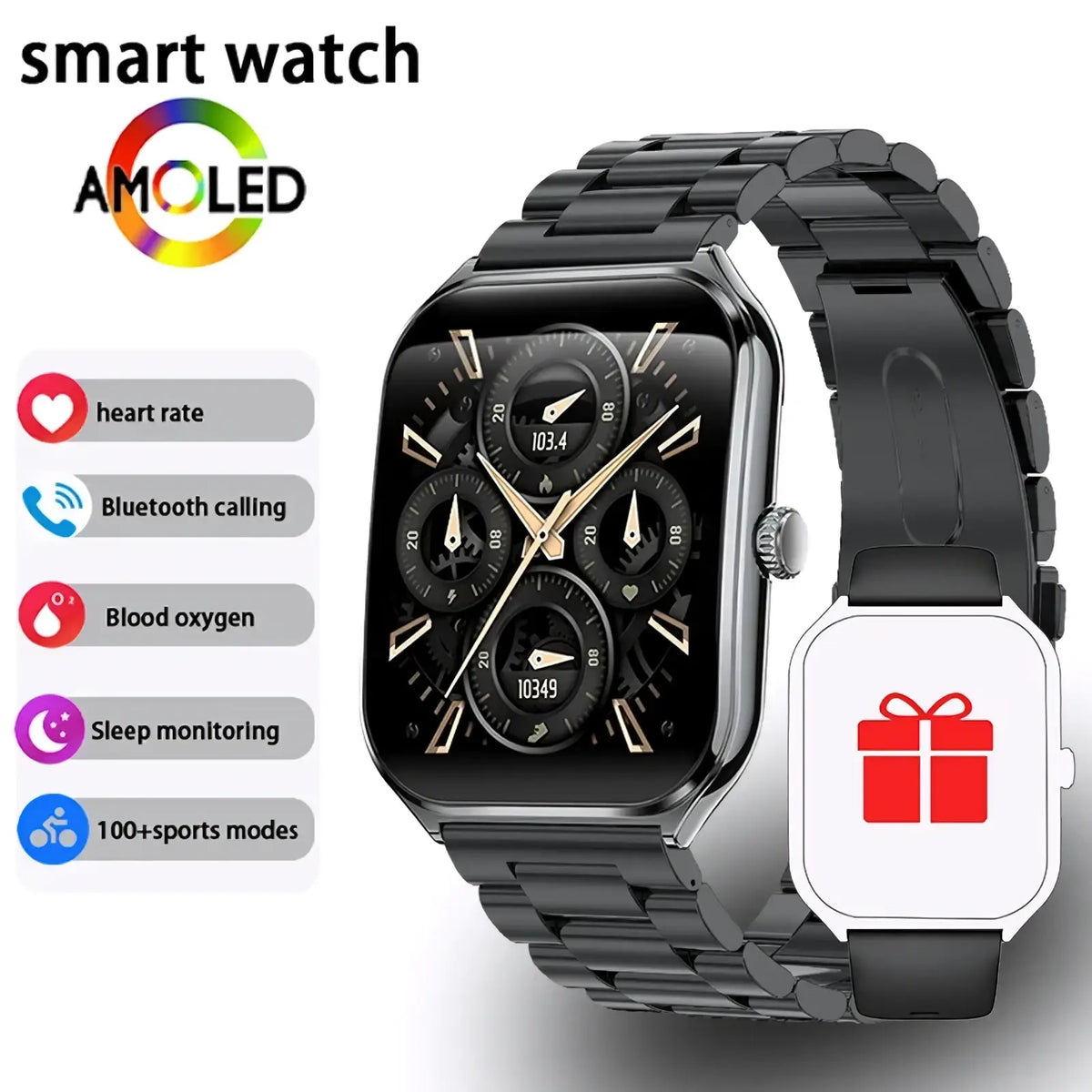 Black metal-link ultra thin smartwatch with rectangular 1.96 amoled screen showing multiple analog dials and gold-tone hands