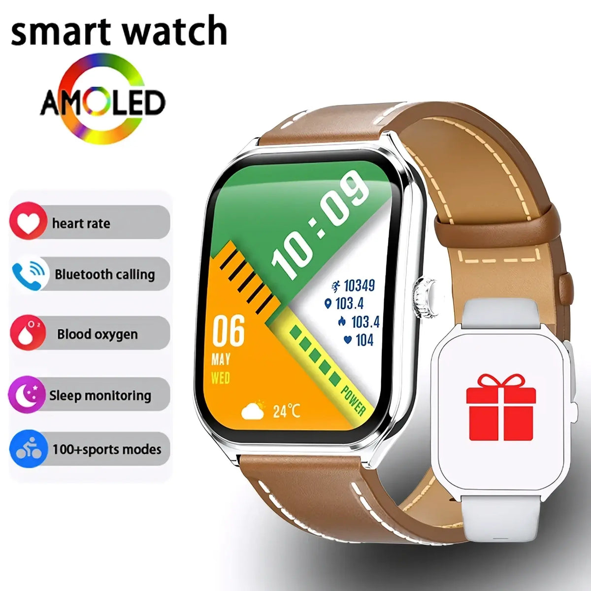 A sleek ultra thin smartwatch with a 1.96 inch amoled screen silver case and tan leather strap with white stitching