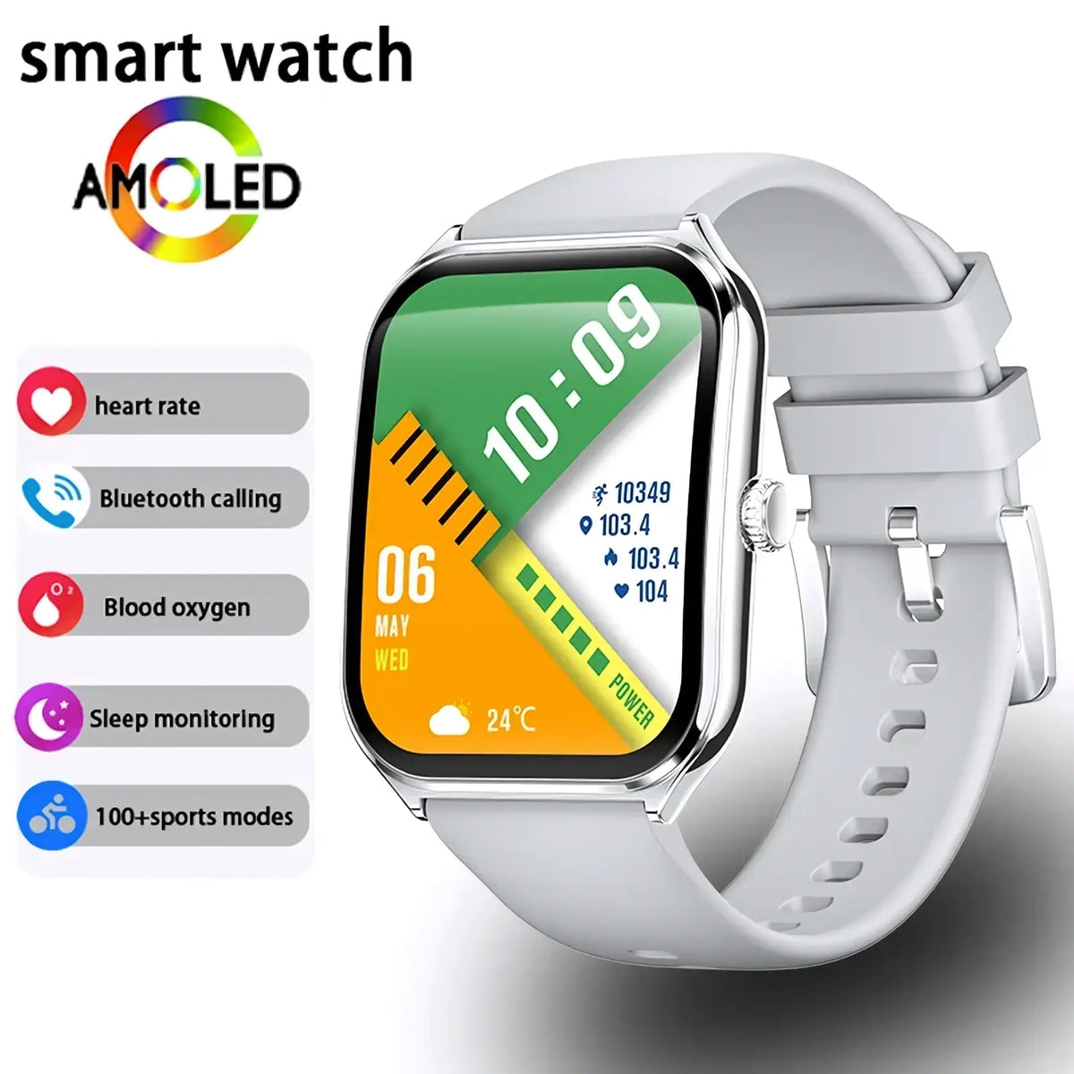 White amoled ultra thin smartwatch with 1.96 inch display silver case and matching silicone strap with bluetooth call