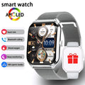 Silver-toned ultra thin smartwatch with 1.96 amoled multi-layered face and mesh band displaying fitness metrics