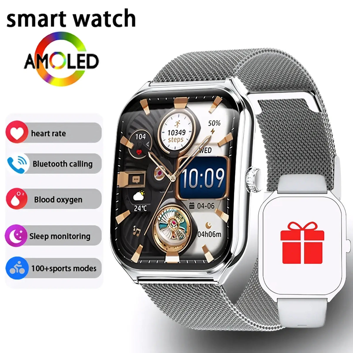 Silver-toned ultra thin smartwatch with 1.96 amoled multi-layered face and mesh band displaying fitness metrics