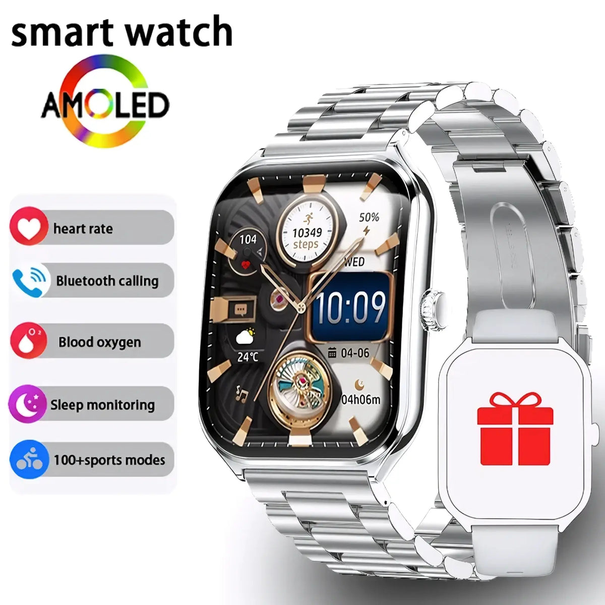 Silver-toned ultra thin smartwatch with 1.96 amoled rectangular display and white silicone strap for bluetooth calls